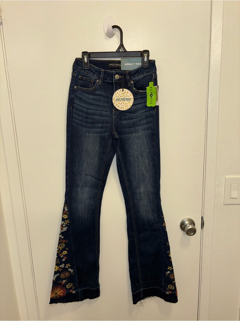 Ashley Mason Dark Blue Floral Embroidered Flare Jeans